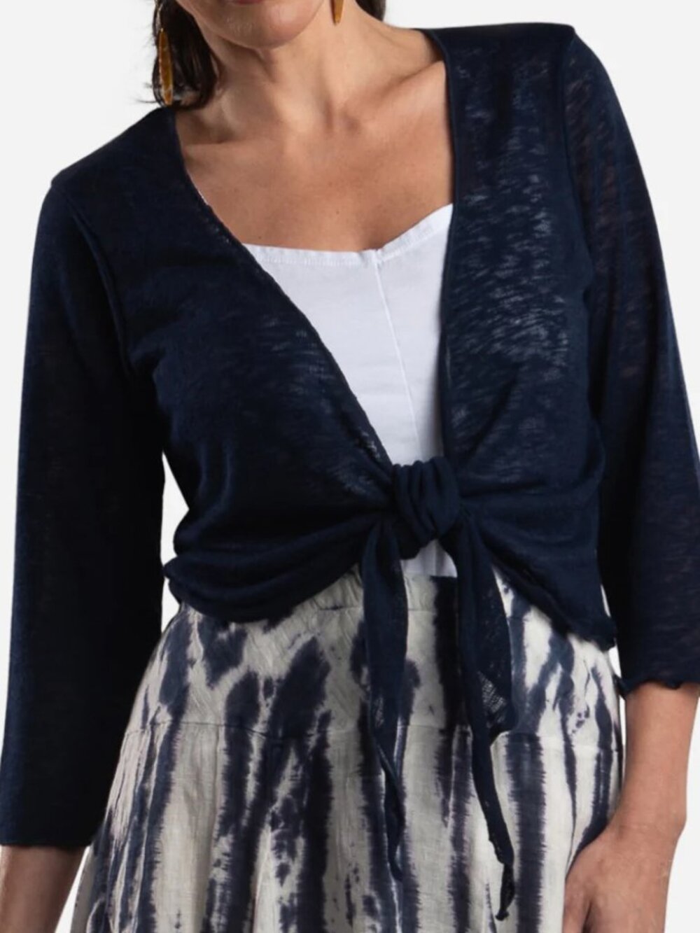 Cropped Tie Front Sweater - Navy